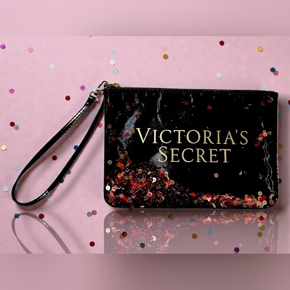 Victoria's Secret Vintage 2017 Pink & Gold Floating Sequins Wristlet Make-Up Bag - Picture 7 of 8